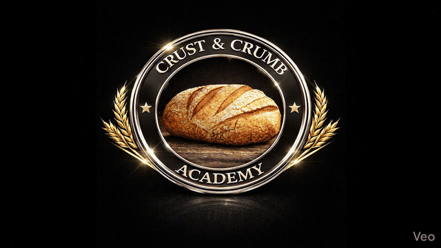 Animated Crust and Crumb Academy badge with a scored artisan loaf and wheat