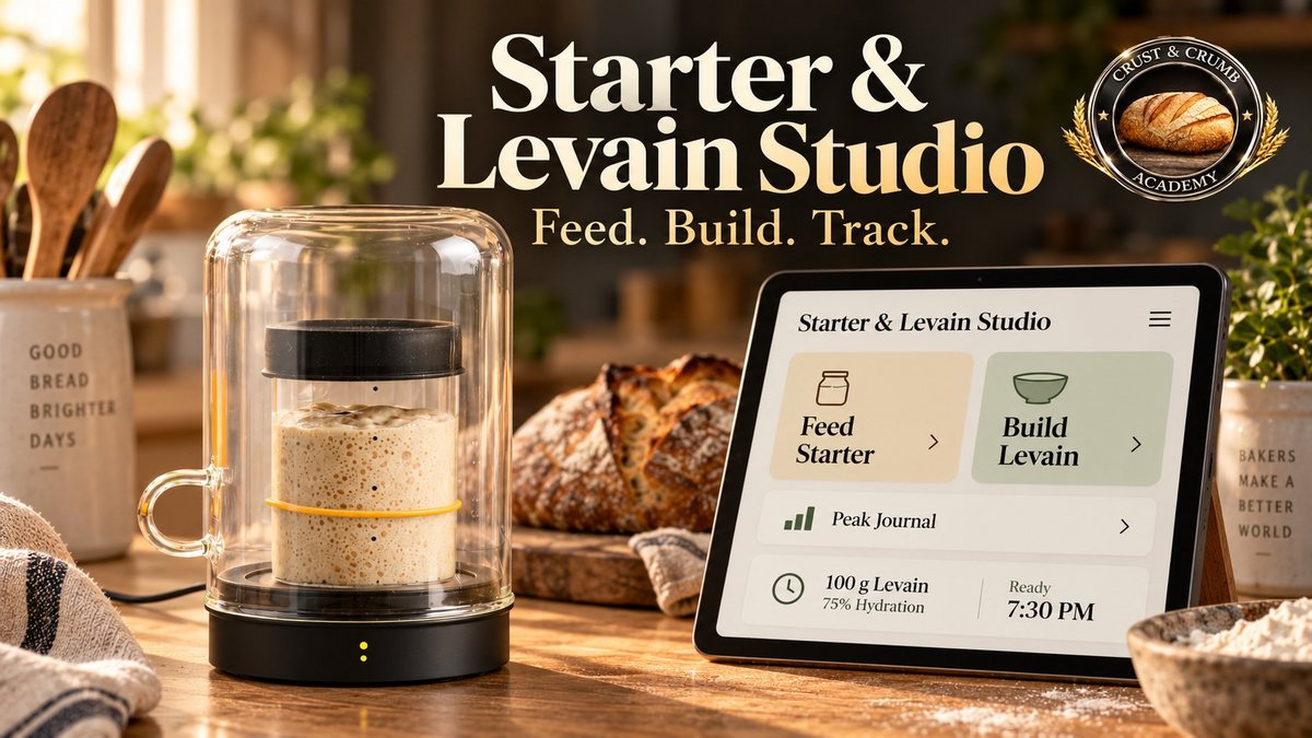 Starter and Levain Studio promo with a starter jar and tablet
